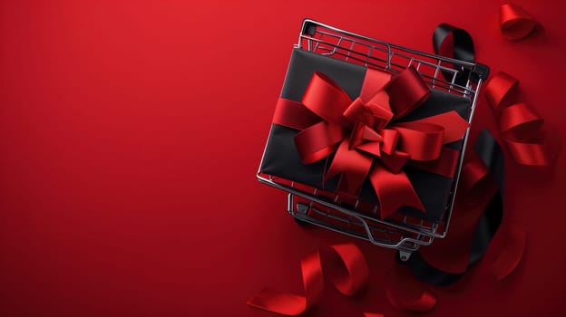 A shopping cart with a festive red bow on it, symbolizing a sale or Black Friday concept. The cart is empty, ready to be filled with discounted items for a shopping spree.