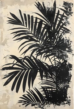 A monochromatic painting depicting palm leaves on a white background, showcasing the beauty of botanical art through tints and shades of grey
