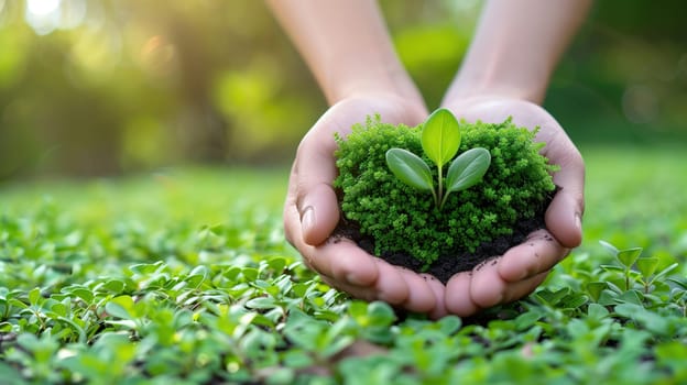 A person is seen holding a plant in their hands, showcasing a connection to nature and promoting Earth Day awareness. The individuals hands gently cradle the vibrant green plant, symbolizing care and responsibility towards the environment.