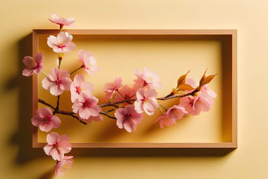 Pink blossoming sakura branch close up in a frame on a yellow wall