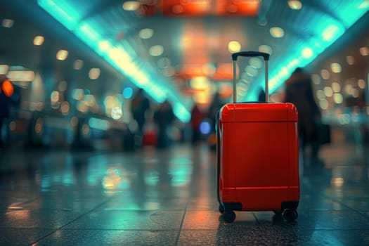 A red suitcase is sitting on the floor in a busy airport. The suitcase is the only object in the image, and it is surrounded by people and luggage. Concept of travel and adventure