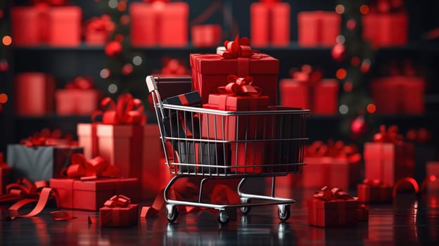 A shopping cart filled with colorful presents is positioned in front of a beautifully decorated Christmas tree. The scene captures the essence of holiday shopping during the festive season.