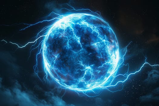 A blue and orange glowing ball with lightning bolts surrounding it. Scene is intense and powerful