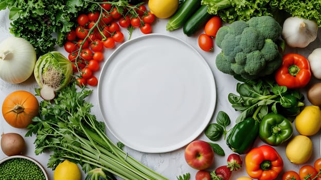 A variety of fresh vegetables are neatly arranged on a table, showcasing different shapes, colors, and textures. Carrots, tomatoes, cucumbers, lettuce, bell peppers, and more are displayed for a bountiful feast.