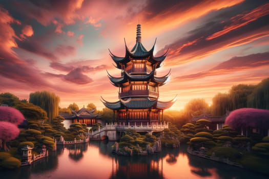 Chinese pagoda in a picturesque garden with a lake.