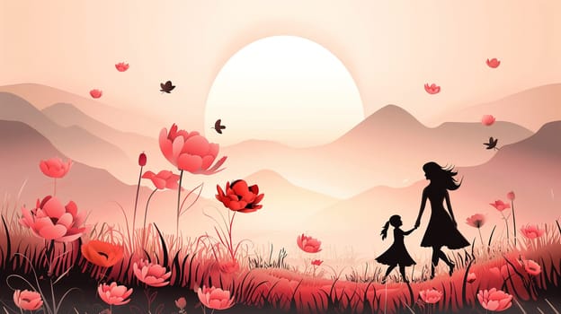 A woman and a child are strolling through a colorful field of blooming flowers. The child is holding the womans hand as they walk through the picturesque scene.