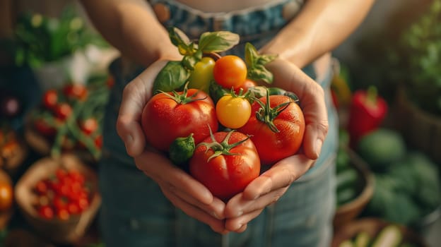 A persons hands are shown holding a large bunch of ripe, red tomatoes. The individual appears to be inspecting the tomatoes closely.