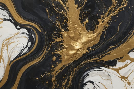 A mesmerizing pattern of flowing gold paint stands out against a deep black backdrop.