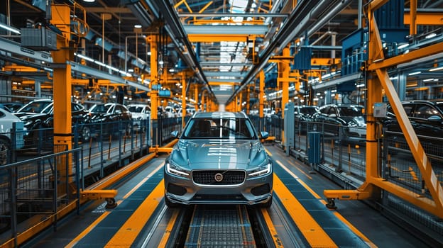 A car is seen moving along a conveyor belt in a factory setting. The mechanical system is transporting the vehicle through the production line for assembly. The industrial setting is marked by efficiency and precision.