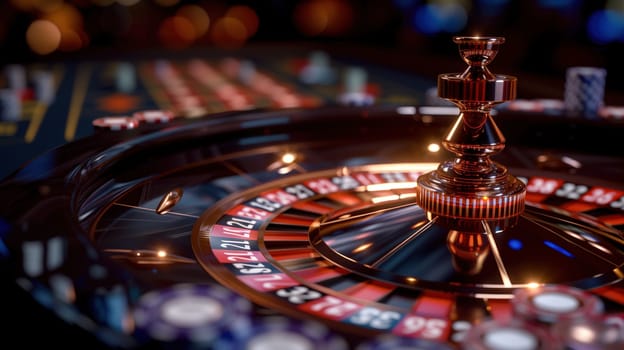 A casino roulette table filled with numerous colorful chips as players place their bets and the wheel spins, creating an atmosphere of risk and excitement.