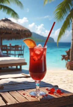 Enjoy the taste of paradise with this luxurious red drink, set against a beach resort backdrop.