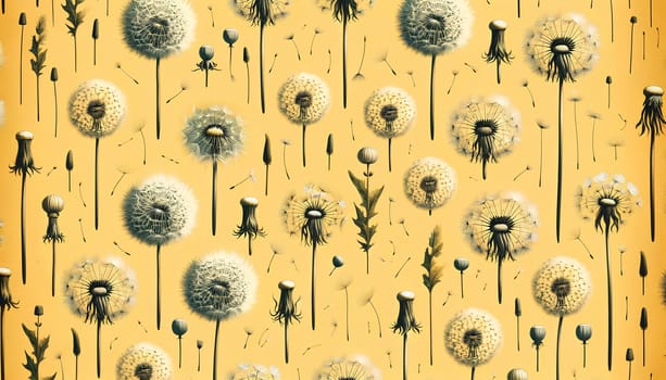 Vintage horizontal pattern of dandelions on a yellow background.