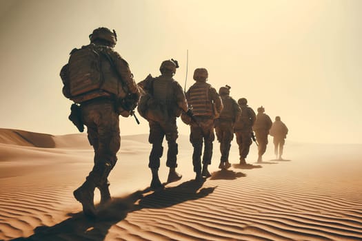 Soldiers in camouflage uniforms with machine guns walk through the desert under the scorching sun.