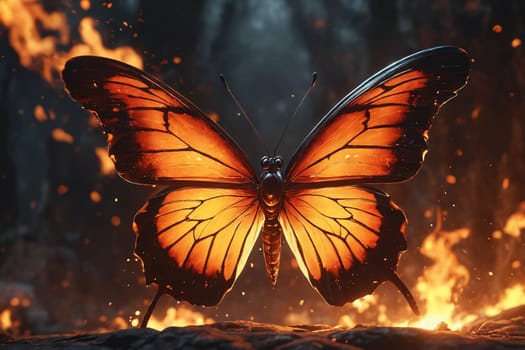 A butterfly with wings like flames stands out against the dark blue and black tones of a mysterious night.