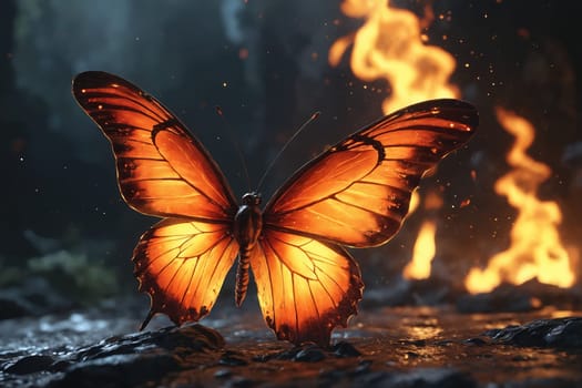 A butterfly with wings like flames stands out against the dark blue and black tones of a mysterious night.