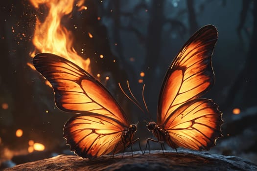 In the quiet of night, a single butterfly with fiery wings becomes a beacon of light against the cool blue backdrop.