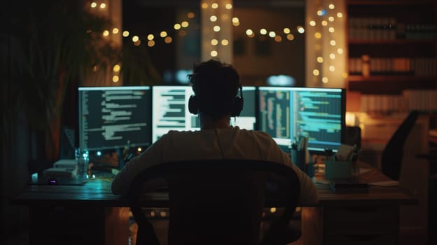 Back view of professional software developer coding program or engineering prompt. Skilled programmer typing computer and laptop while developing system with blurring background. Technology. AIG42.