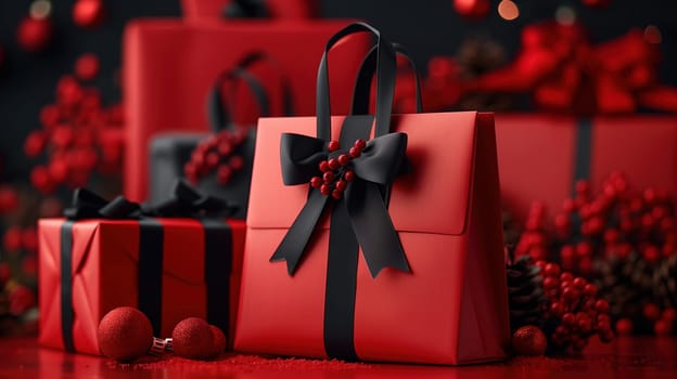 Several red boxes with black bows arranged in a group, showcasing a sale concept or a Black Friday promotion. The boxes are neatly stacked or scattered, adding a festive touch to the scene.