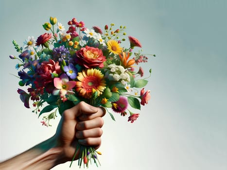 Beautiful bouquet in an outstretched hand on a blue background, copy space.