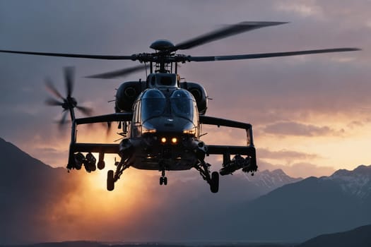 Night operation begins: a helicopter's lights glow and blades whirl on the shimmering tarmac under a gradient sky.