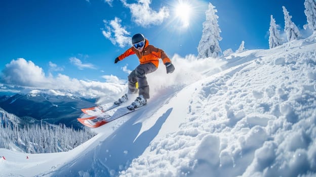 A snowboarder is in mid-air, performing a trick on a snow-covered slope. The image captures the excitement and thrill of snowboarding, as the person skillfully maneuvers their board through the air