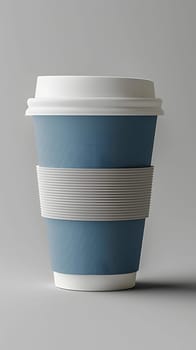 A rectangular blue and white striped coffee cup with a plastic white lid. This drinkware is perfect for holding your favorite liquid hot or cold beverages