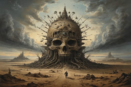 In a surreal, barren landscape, a humanoid figure stands before a massive skull-like structure under swirling clouds.