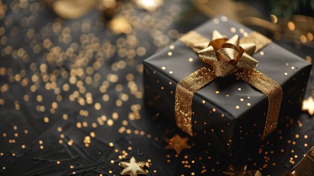 A black gift box adorned with golden stars, symbolizing luxury and sophistication. This package is perfect for the holiday season or special occasions like birthdays and weddings. The elegant design is sure to impress any recipient.