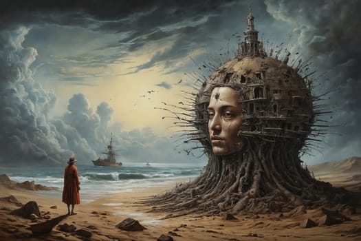 A digital illustration of a desolate landscape, featuring a large, weathered statue head and a distant ship under a dramatic sky.