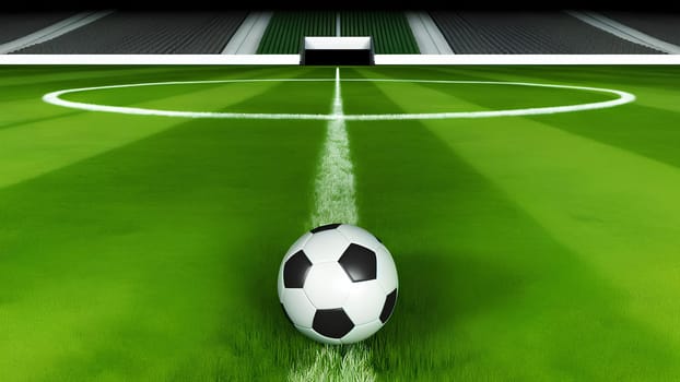 Soccer ball on an empty green soccer field closeup