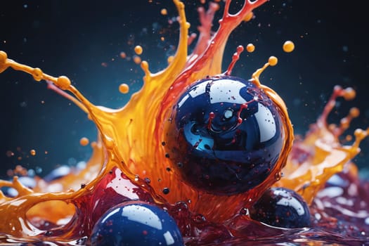 A blue ball adorned with water droplets floats in a pool, surrounded by red and yellow splashes.