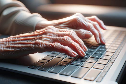 hands of an elderly woman on a computer keyboard close-up.