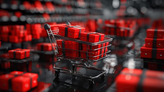 A shopping cart, typically used for carrying goods in a store, is placed among red cubes. The scene conveys a concept related to sales events like Black Friday.