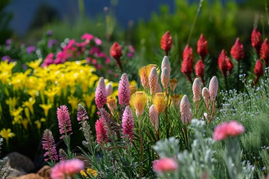 A garden with a variety of flowers including pink, yellow, and purple. The flowers are in full bloom and are arranged in a way that creates a colorful and vibrant scene