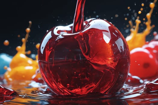 A dynamic scene as cherries dive into a liquid bowl, sending orange splashes in all directions.