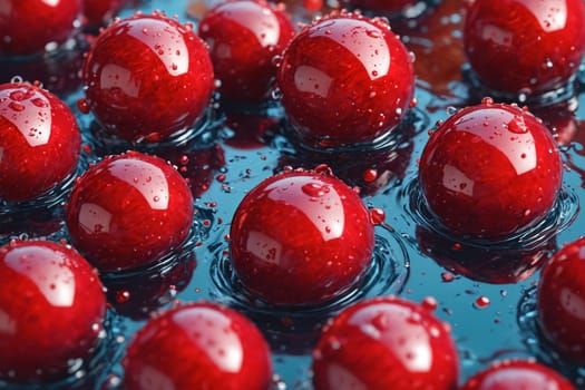 Close-up of red balls covered in water droplets, set against a warm yellow background.