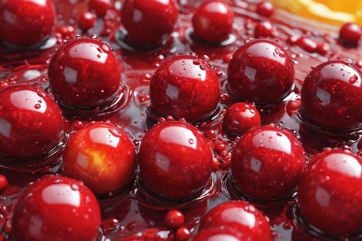 A macro shot captures the delicate water droplets on a cluster of red balls, with a yellow glow.