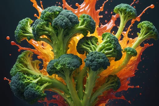 Broccoli stands out with a dynamic orange liquid splash against a gradient backdrop.
