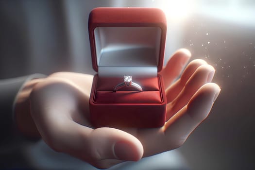 A man's hand holds out a red open box with a wedding ring, close-up.