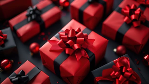 A collection of red and black presents neatly wrapped and arranged, possibly for a sale or special occasion. The vibrant colors and festive designs make for an eye-catching display.