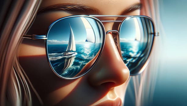 A woman in mirrored sunglasses that reflects a yacht and the sea horizon, close up