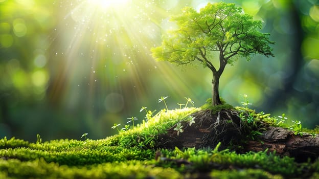 A small tree stands atop a hill covered in vibrant green moss. The trees branches reach out against the backdrop of the mossy landscape.