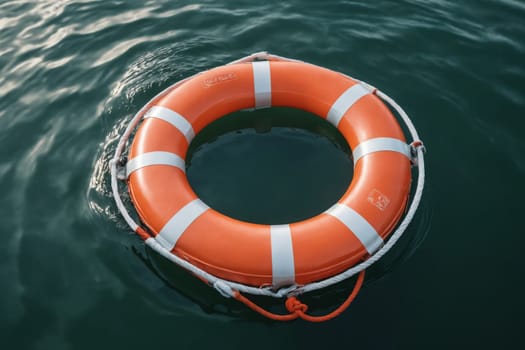 An orange lifesaver belt offers a striking contrast against the dark, expansive ocean.