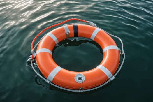 Solitary orange lifebelt floats, a symbol of safety amidst the dark blue sea.