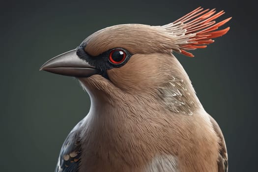 Exquisite detail highlights a bird with beige plumage resting on a berry-filled branch.