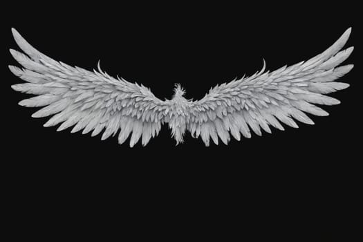 A pair of large, white, feathered wings spread symmetrically, evoking the timeless image of an angel, set against a stark black background.