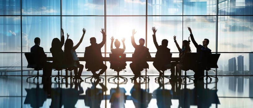 A group of people are sitting at a table with their hands raised in the air by AI generated image.