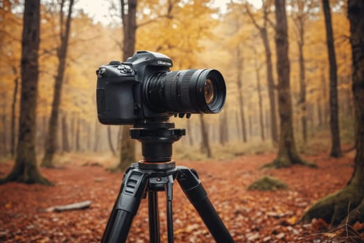 The autumn forest welcomes photographic equipment perched on a tripod amidst colorful leaves, inviting creativity and exploration.