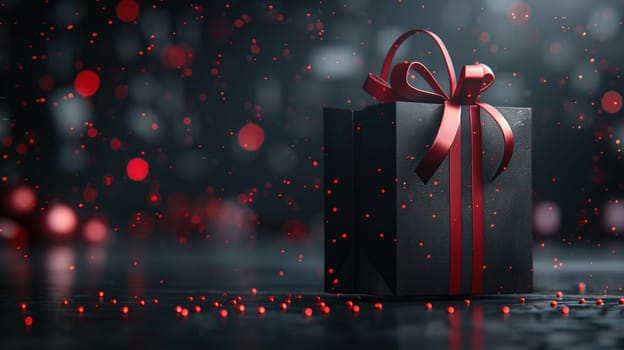 A black gift box adorned with a vibrant red ribbon sits on a plain surface. The contrast between the box and ribbon enhances the presentation and suggests a sale or Black Friday theme.
