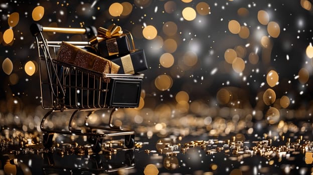 A shopping cart overflowing with presents sits atop a table, symbolizing the holiday season and the shopping frenzy of Black Friday. The cart is filled with wrapped gifts in various sizes and shapes.